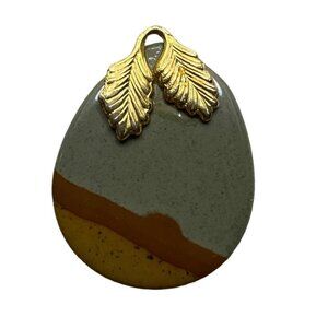 Whimsical Wild Horse Picture Jasper Pendant Stone Earthy Gray Brown Leaf Motif